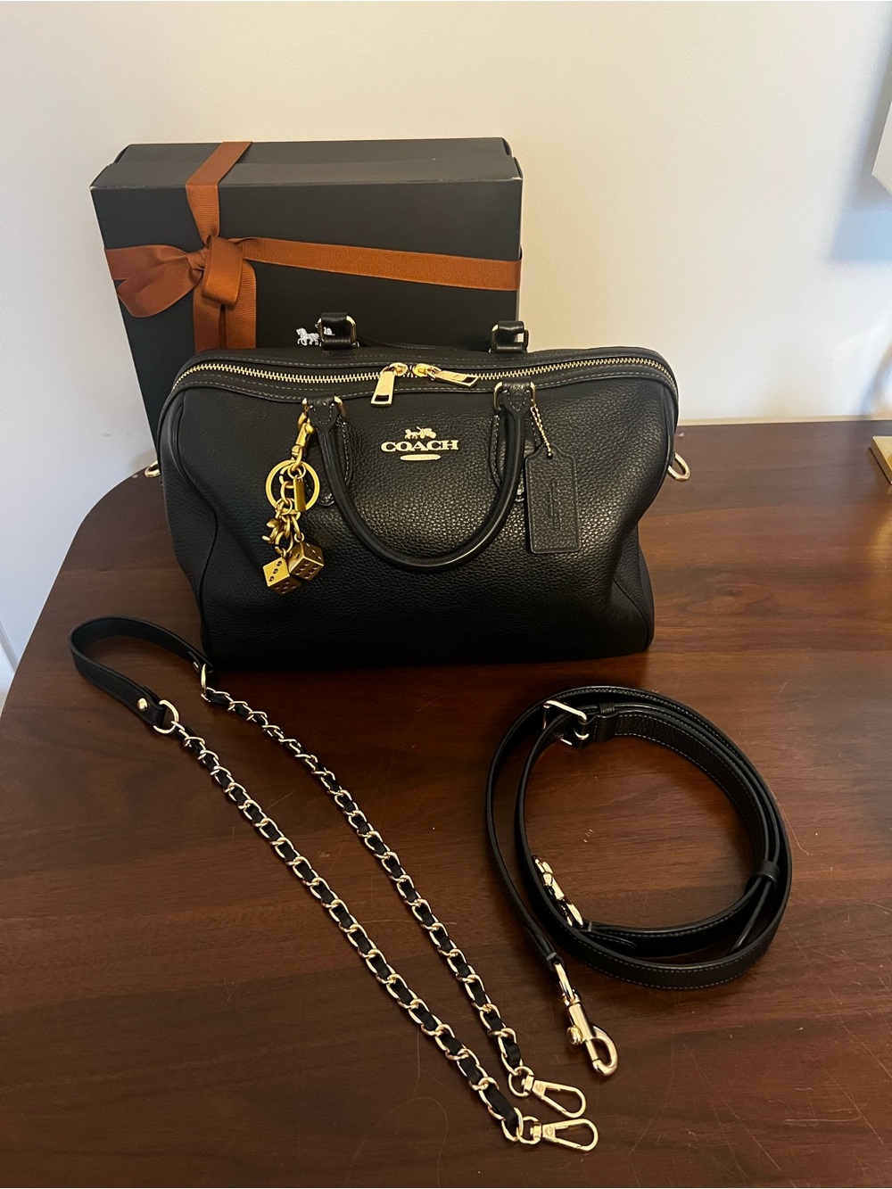 Authentic Coach Black Pebbled Leather Large Rowan Satchel with Gold Accents